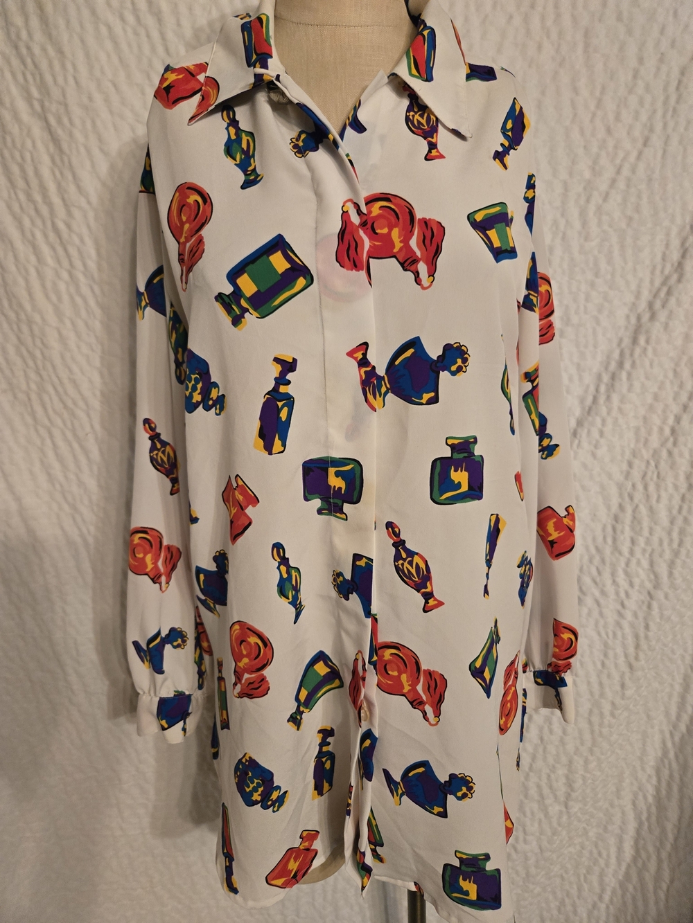 Chaus White Long-Sleeve Button Front Top with Multicolor Bottle Print